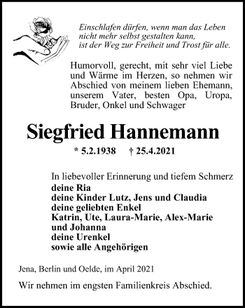 Traueranzeige von Siegfried Hannemann von Ostthüringer Zeitung, Thüringische Landeszeitung