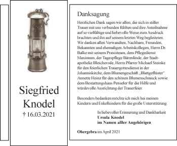 Traueranzeige von Siegfried Knodel von Thüringer Allgemeine