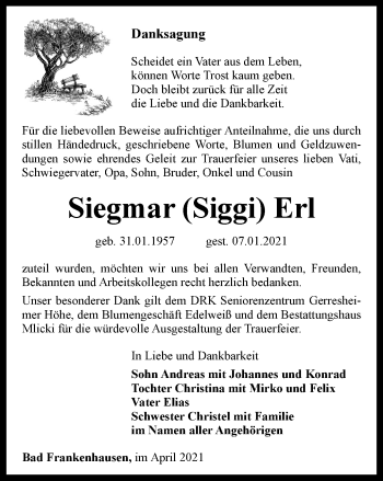 Traueranzeige von Siegmar Erl von Thüringer Allgemeine