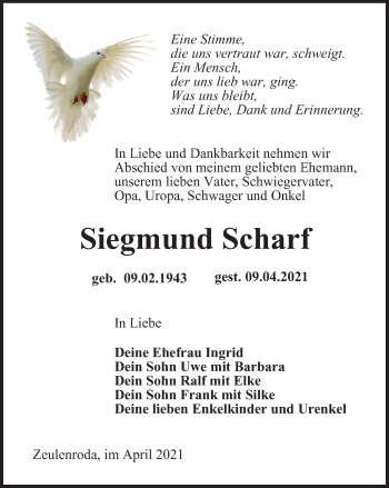 Traueranzeige von Siegmund Scharf von Ostthüringer Zeitung