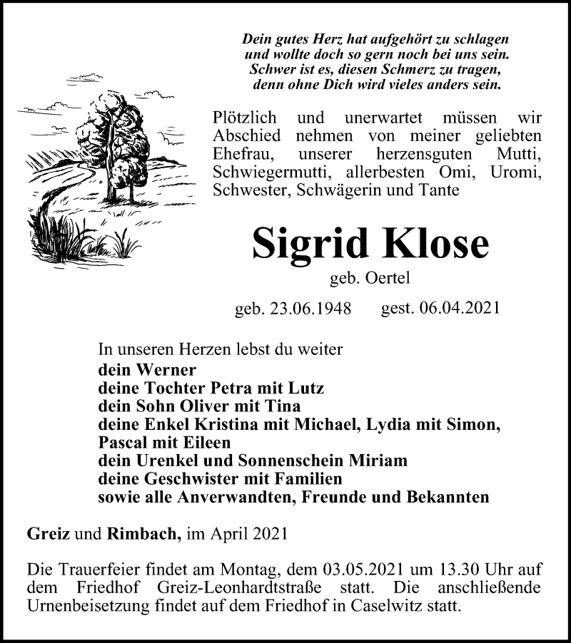  Traueranzeige für Sigrid Klose vom 16.04.2021 aus Ostthüringer Zeitung