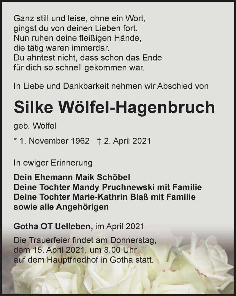  Traueranzeige für Silke Wölfel-Hagenbruch vom 10.04.2021 aus Thüringer Allgemeine, Thüringische Landeszeitung