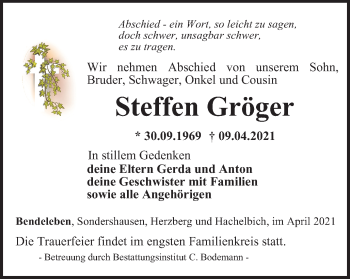 Traueranzeige von Steffen Gröger