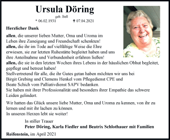 Traueranzeige von Ursula Döring von Thüringer Allgemeine