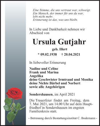 Traueranzeige von Ursula Gutjahr