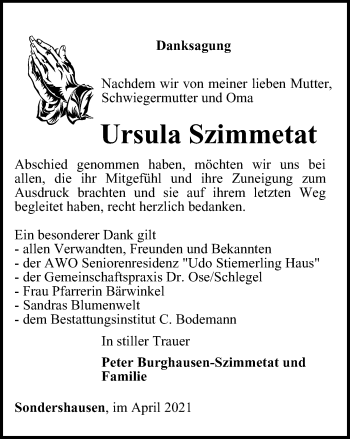 Traueranzeige von Ursula Szimmetat