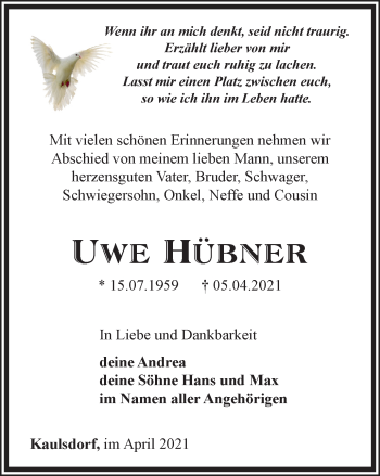 Traueranzeige von Uwe Hübner von Ostthüringer Zeitung