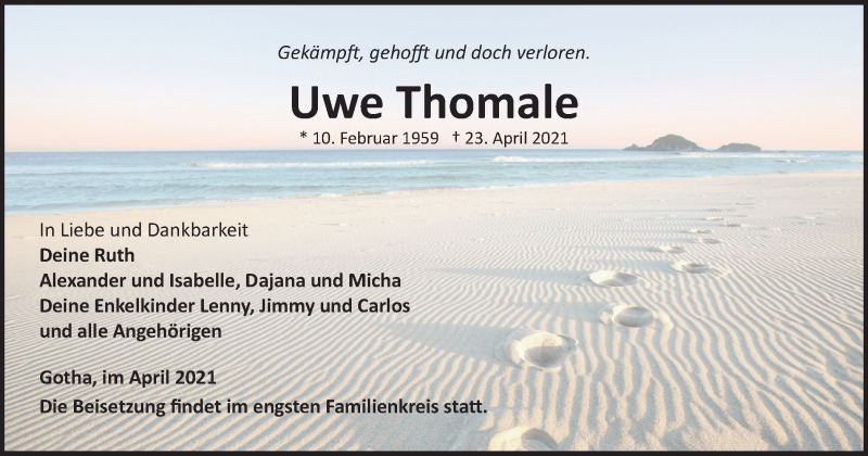  Traueranzeige für Uwe Thomale vom 30.04.2021 aus Thüringer Allgemeine, Thüringische Landeszeitung