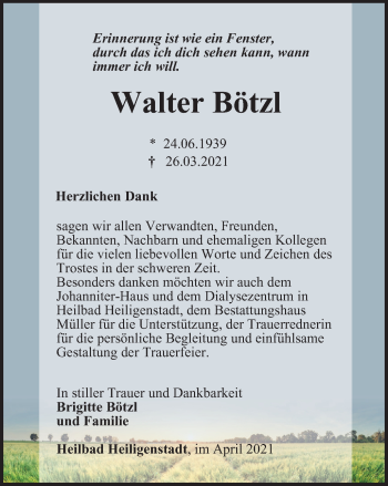 Traueranzeige von Walter Bötzl von Thüringer Allgemeine