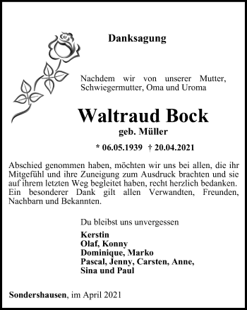 Traueranzeige von Waltraud Bock