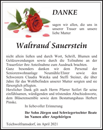Traueranzeige von Wartraud Sauerstein von Ostthüringer Zeitung