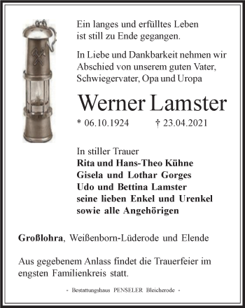 Traueranzeige von Werner Lamster von Thüringer Allgemeine