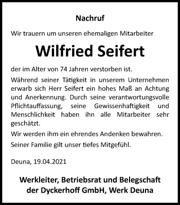 Traueranzeige von Wilfried Seifert von Thüringer Allgemeine