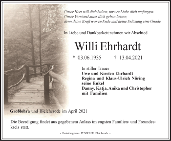 Traueranzeige von Willi Ehrhardt von Thüringer Allgemeine