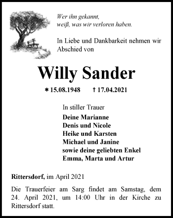 Traueranzeige von Willy Sander von Thüringer Allgemeine, Thüringische Landeszeitung