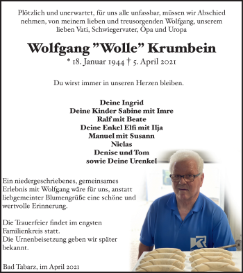 Traueranzeige von Wolfgang Krumbein von Thüringer Allgemeine, Thüringische Landeszeitung