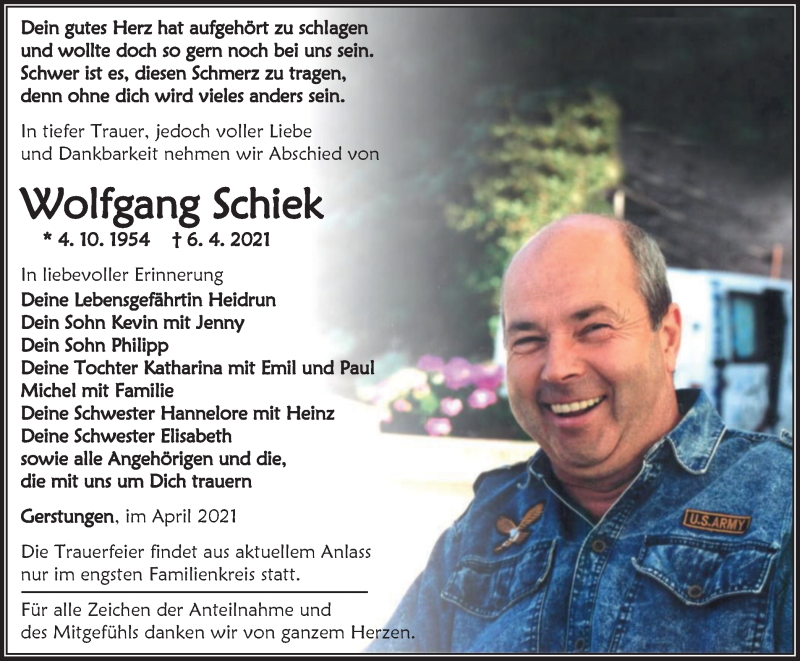  Traueranzeige für Wolfgang Schiek vom 10.04.2021 aus Thüringer Allgemeine, Thüringische Landeszeitung