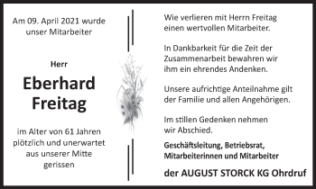 Traueranzeige von Eberhard Freitag von Thüringer Allgemeine, Thüringische Landeszeitung