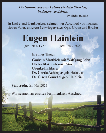 Traueranzeige von Eugen Hainlein von Ostthüringer Zeitung, Thüringische Landeszeitung