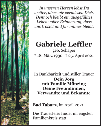 Traueranzeige von Gabriele Leffler von Thüringer Allgemeine, Thüringische Landeszeitung