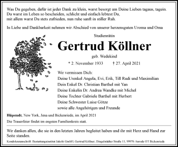 Traueranzeige von Gertrud Köllner von Thüringer Allgemeine, Thüringische Landeszeitung