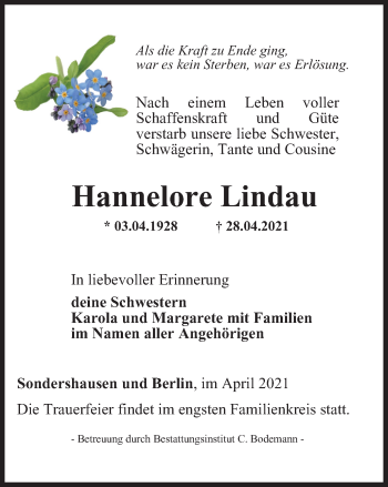 Traueranzeige von Hannelore Lindau