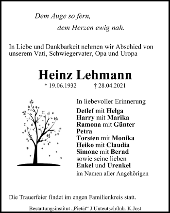 Traueranzeige von Heinz Lehmann von Ostthüringer Zeitung