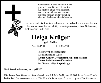 Traueranzeige von Helga Krüger von Thüringer Allgemeine
