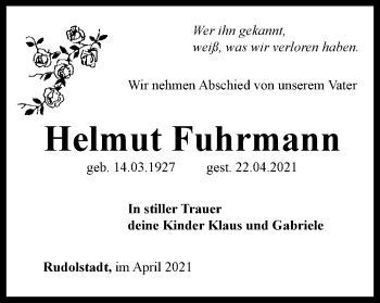 Traueranzeige von Helmut Fuhrmann von Ostthüringer Zeitung