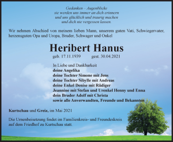 Traueranzeige von Heribert Hanus von Ostthüringer Zeitung