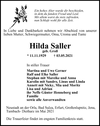 Traueranzeige von Hilda Saller von Ostthüringer Zeitung