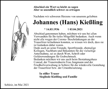 Traueranzeige von Johannes Kießling von Ostthüringer Zeitung