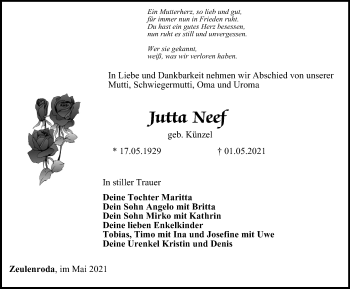 Traueranzeige von Jutta Neef von Ostthüringer Zeitung