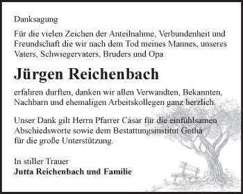 Traueranzeige von Jürgen Reichenbach von Thüringer Allgemeine, Thüringische Landeszeitung