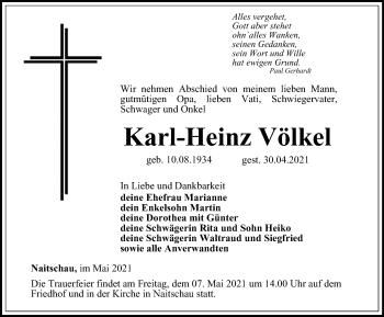 Traueranzeige von Karl-Heinz Völkel von Ostthüringer Zeitung