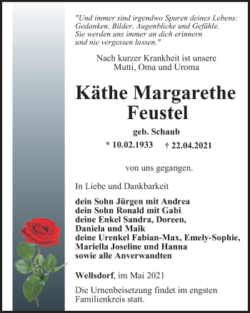 Traueranzeige von Käthe Margarethe Feustel von Ostthüringer Zeitung