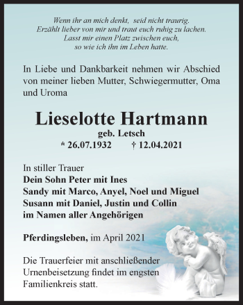 Traueranzeige von Lieselotte Hartmann von Thüringer Allgemeine, Thüringische Landeszeitung