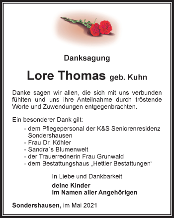 Traueranzeige von Lore Thomas von Thüringer Allgemeine