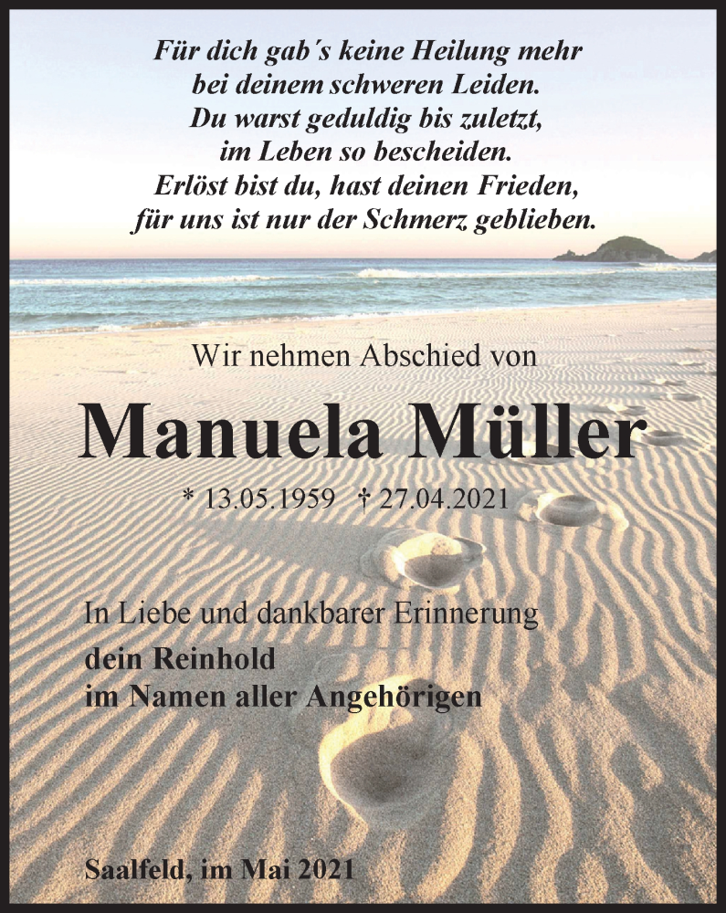  Traueranzeige für Manuela Müller vom 08.05.2021 aus Ostthüringer Zeitung