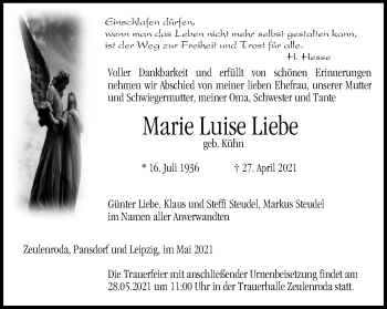 Traueranzeige von Marie Luise Liebe von Ostthüringer Zeitung