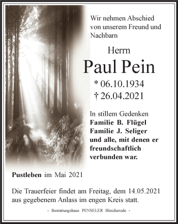 Traueranzeige von Paul Pein von Thüringer Allgemeine