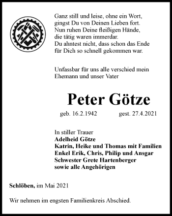 Traueranzeige von Peter Götze von Ostthüringer Zeitung