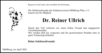 Traueranzeige von Reiner Ullrich von Thüringer Allgemeine, Thüringische Landeszeitung