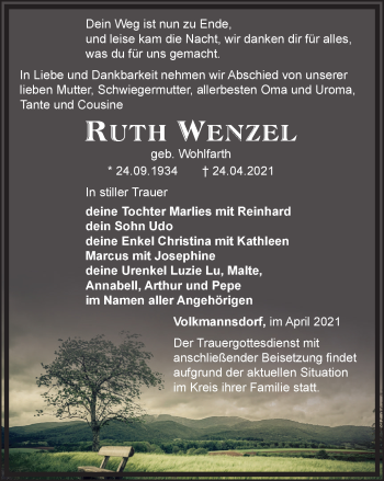 Traueranzeige von Ruth Wenzel von Ostthüringer Zeitung