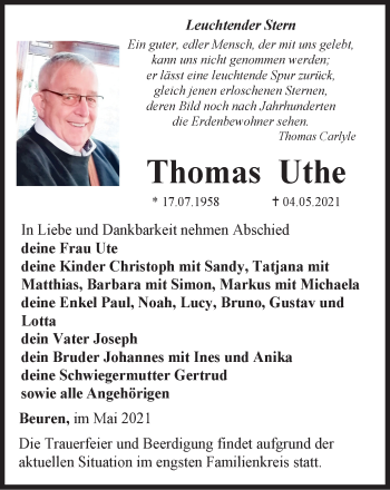 Traueranzeige von Thomas Uthe von Thüringer Allgemeine