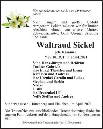 Traueranzeige von Waltraud Sickel