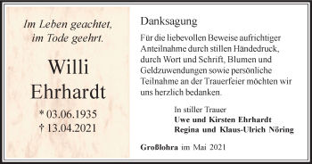 Traueranzeige von Willi Ehrhardt von Thüringer Allgemeine