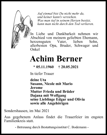 Traueranzeige von Achim Berner von Thüringer Allgemeine