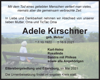 Traueranzeige von Adele Kirschner von Thüringer Allgemeine, Thüringische Landeszeitung