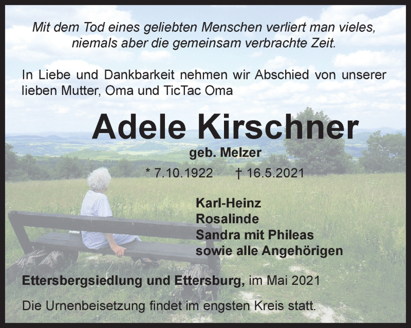  Traueranzeige für Adele Kirschner vom 22.05.2021 aus Thüringer Allgemeine, Thüringische Landeszeitung